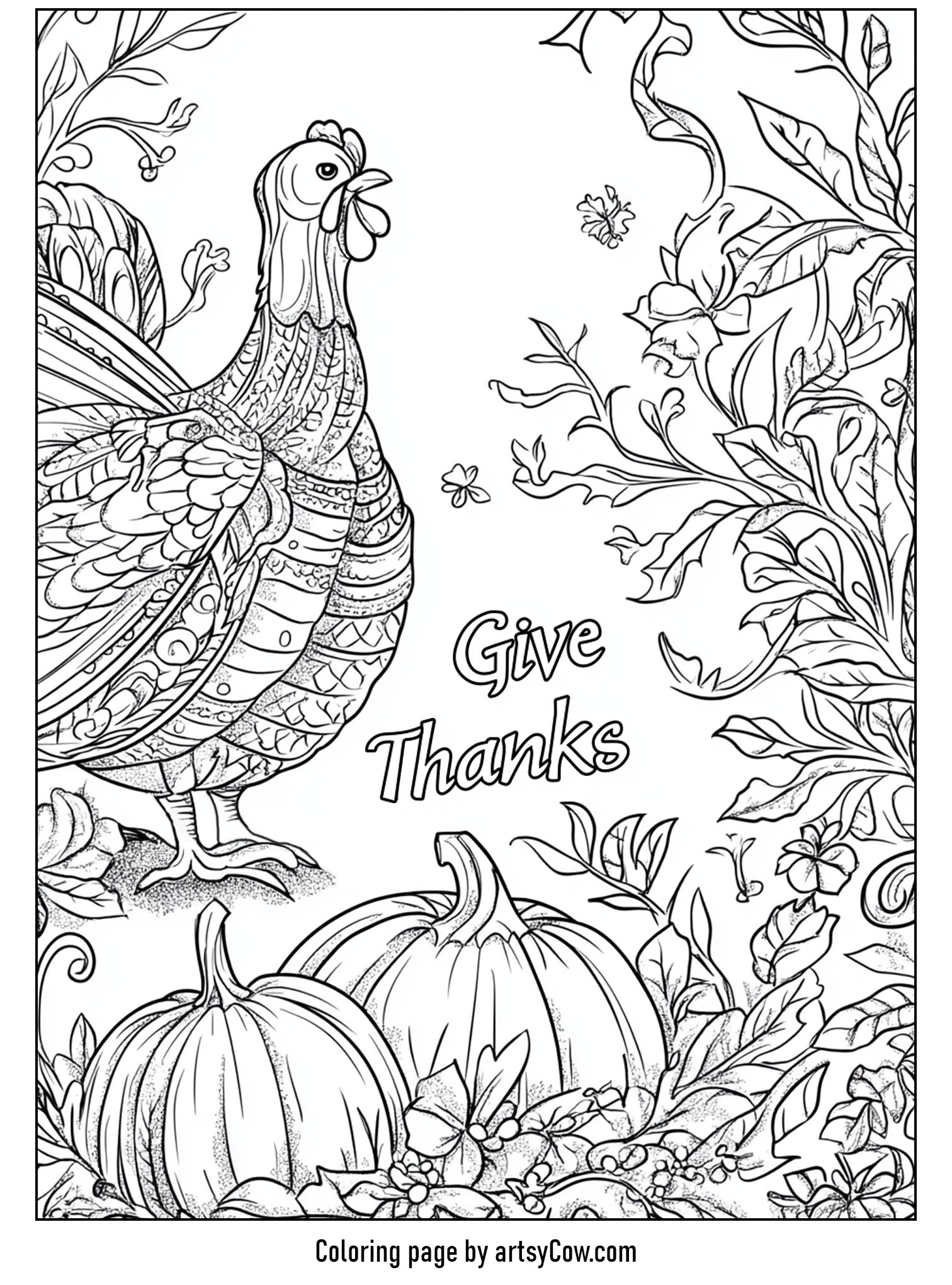 thanksgiving coloring pages for adults featuring a detailed turkey with intricate patterns surrounded by pumpkins and autumn flowers, highlighting the phrase 'Give Thanks'.